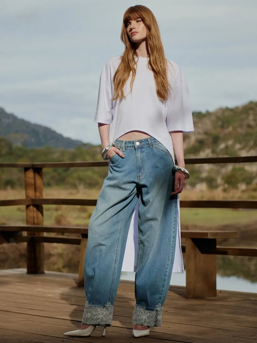 Calça Jeans Barrel Renda